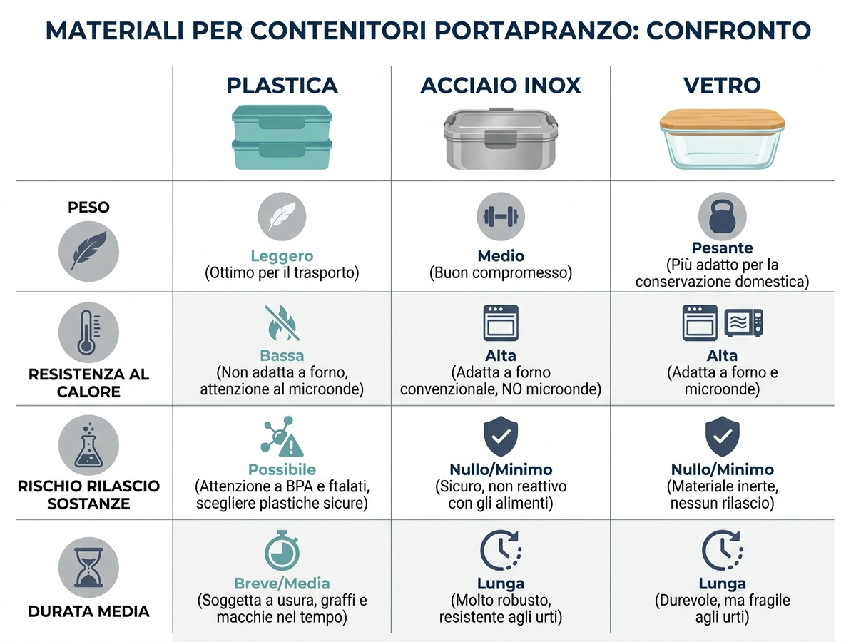 Infografica di confronto tra plastica, acciaio inox e vetro per contenitori porta pranzo: peso, resistenza al calore, rischio di rilascio di sostanze e durata