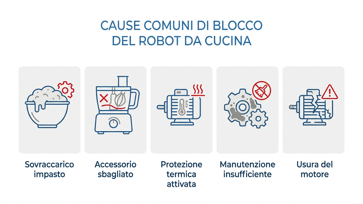 Le cinque cause più comuni di blocco di un robot da cucina: sovraccarico, accessorio sbagliato, protezione termica, manutenzione insufficiente, usura del motore