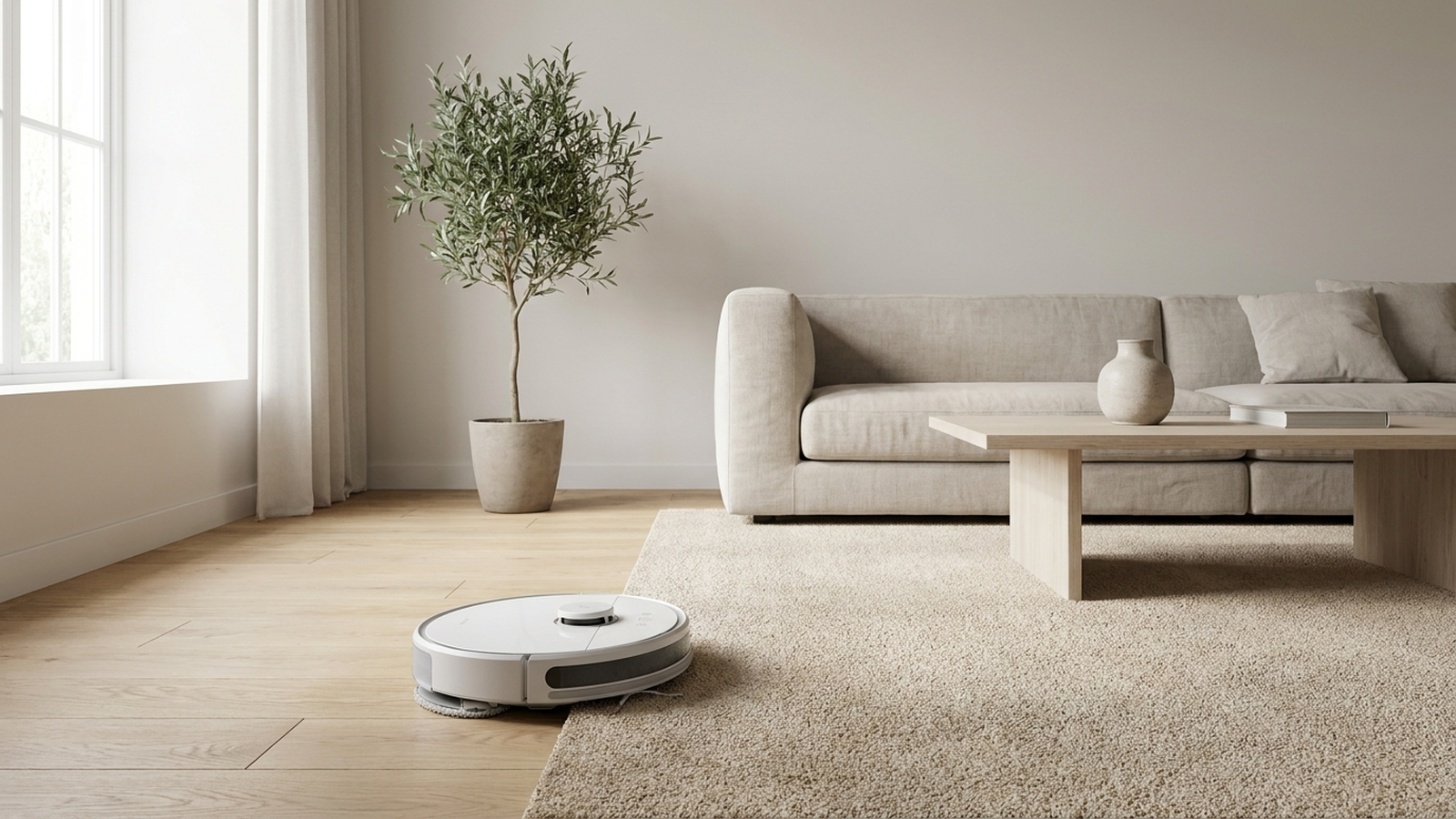 Robot lavapavimenti su un pavimento in legno vicino al bordo di un tappeto, in un soggiorno europeo