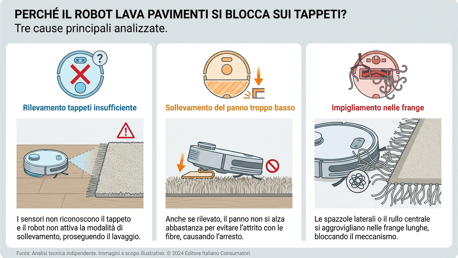 Infografica dei tre meccanismi che causano il blocco del robot lavapavimenti sul tappeto: sensore, sollevamento insufficiente, impigliamento fibre
