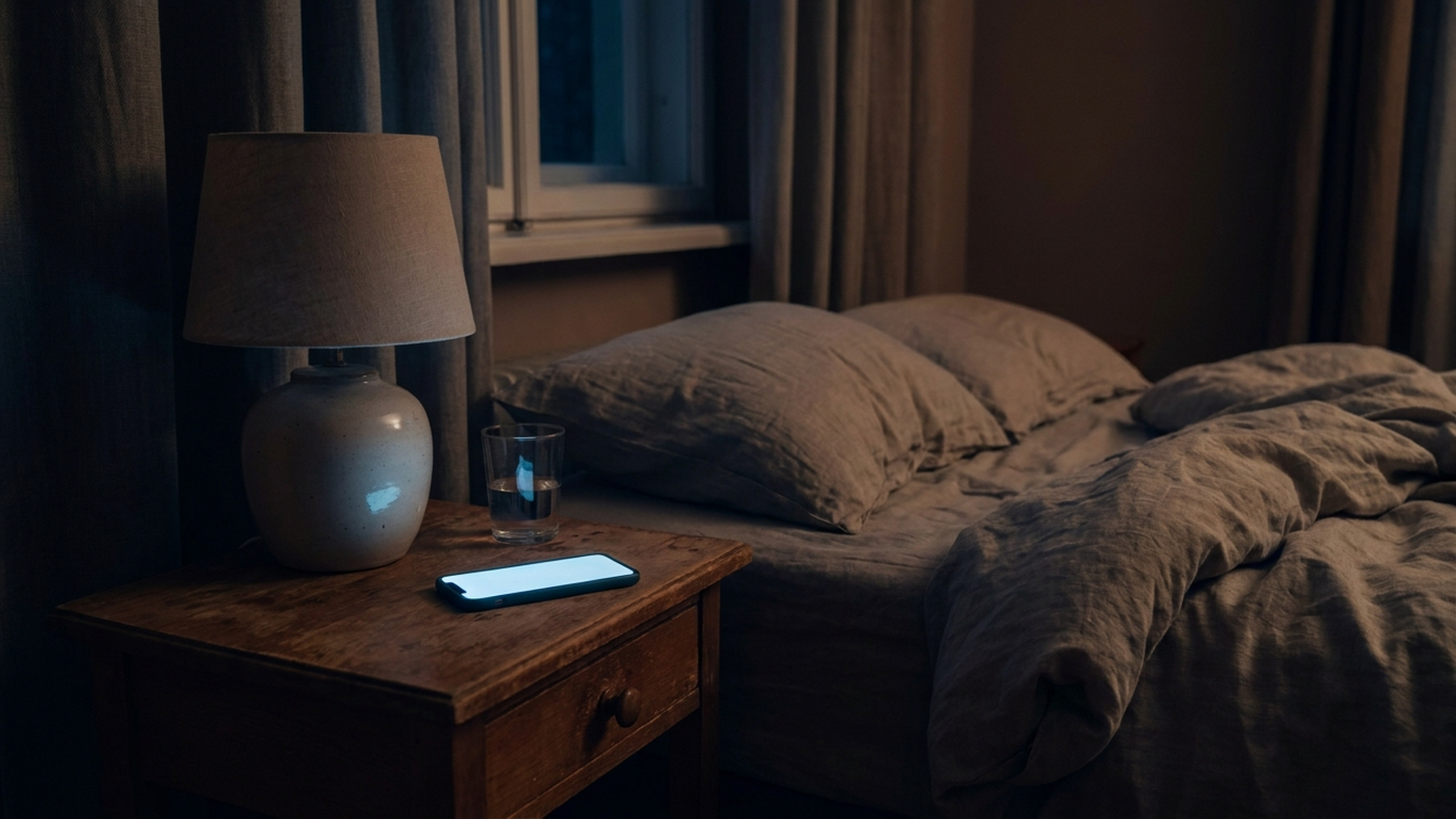 Smartphone con lo schermo acceso su un comodino di legno in una camera da letto buia