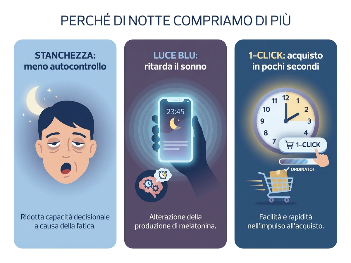 Infografica in italiano sui tre motivi per cui di notte si compra di più: stanchezza, luce blu e acquisto in un clic