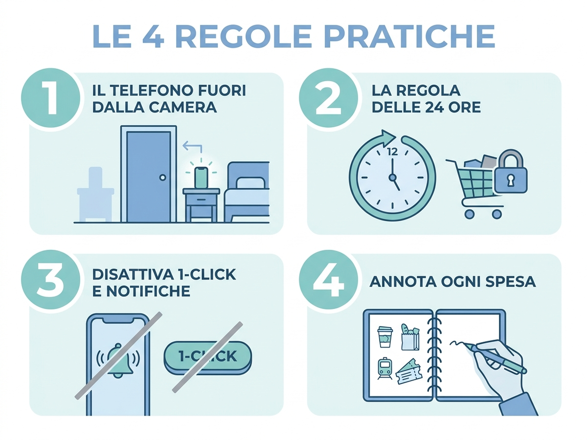 Infografica in italiano con le quattro regole pratiche per evitare gli acquisti notturni