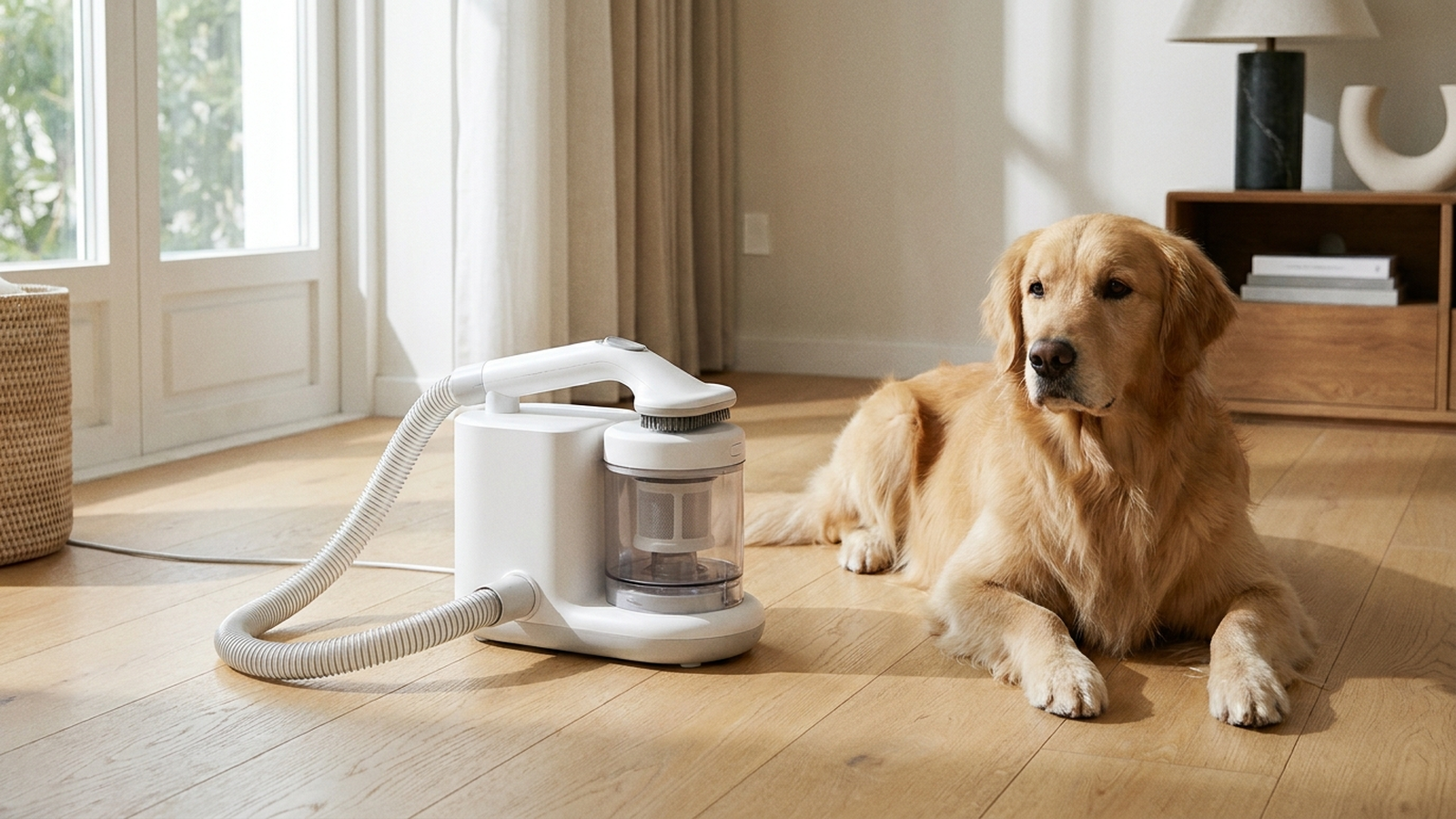 Kit di toelettatura aspirante bianco con spazzola e contenitore raccogli-peli accanto a un cane a pelo lungo