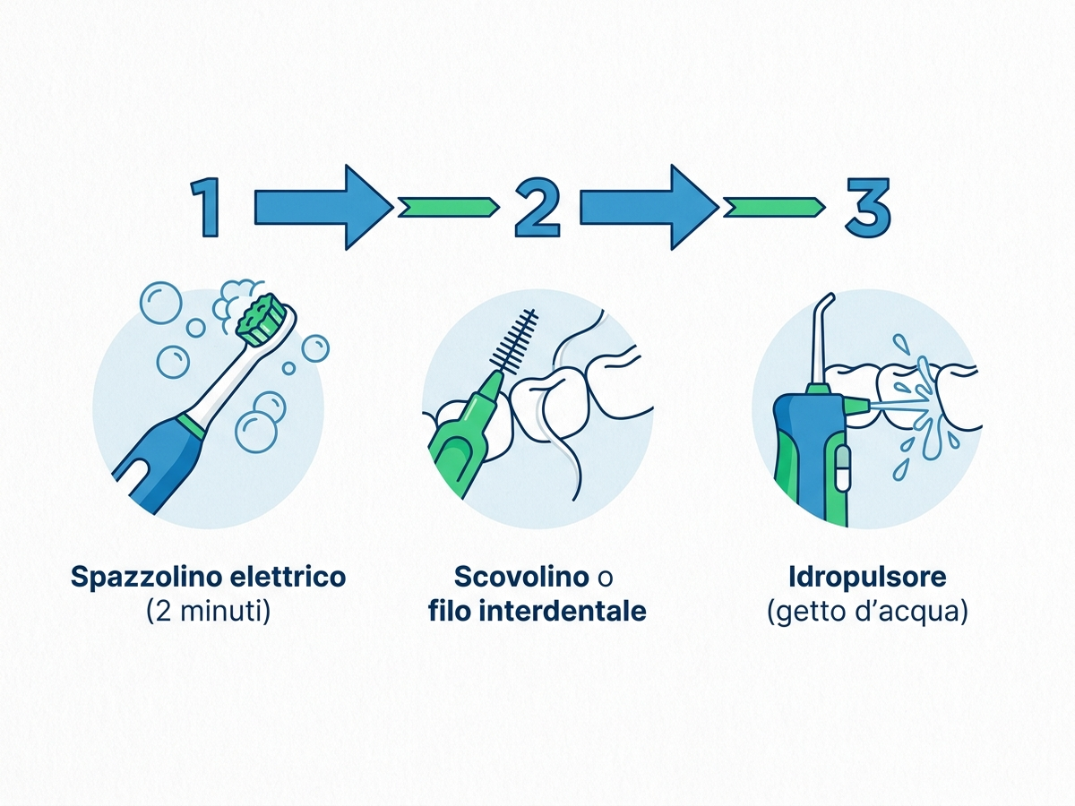 Diagramma dei tre passaggi della routine di igiene orale con spazzolino, scovolino e idropulsore