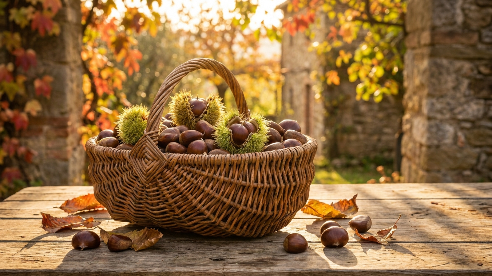 Cesto di vimini pieno di castagne fresche appena raccolte su un tavolo di legno rustico in autunno