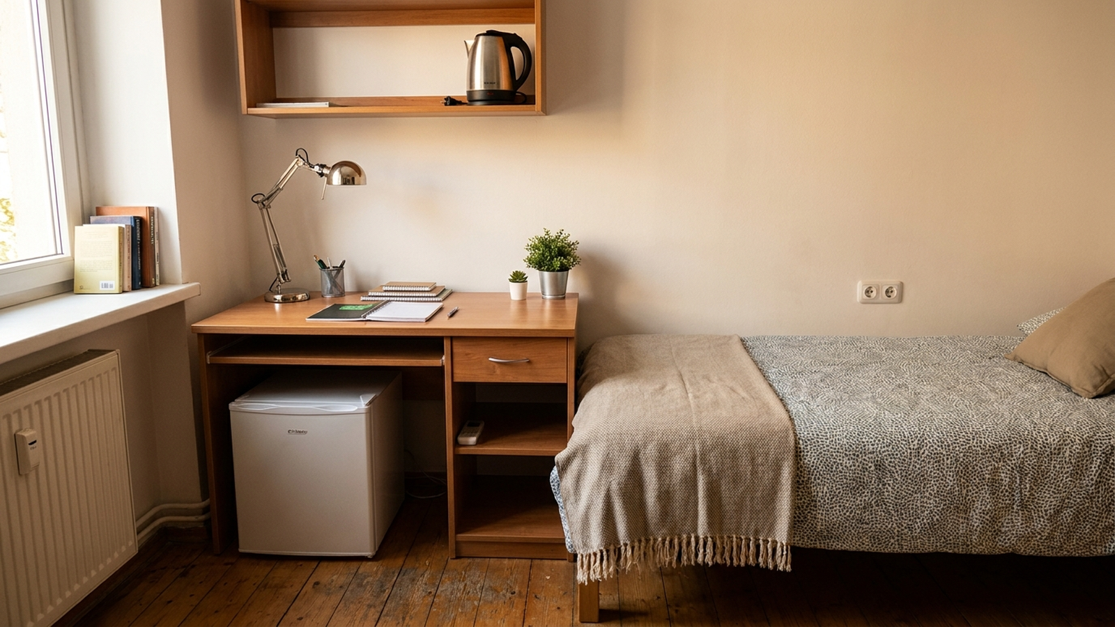 Cameretta ordinata per studente fuori sede con scrivania compatta, mini frigo, bollitore elettrico e lampada da studio, luce naturale dalla finestra