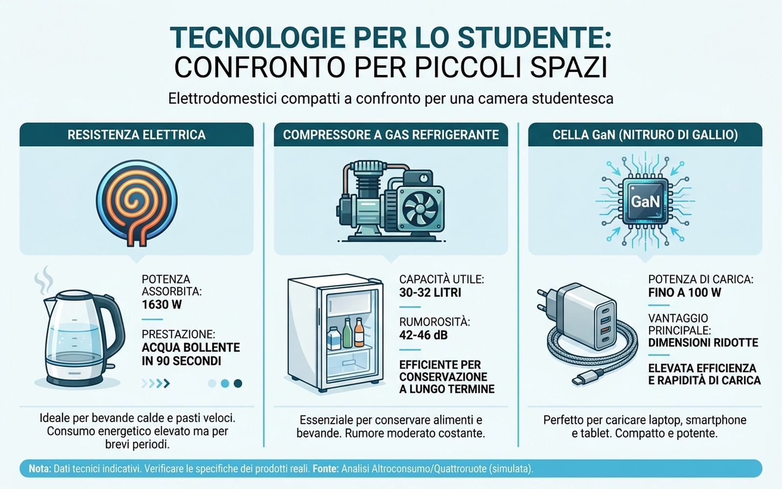 Infografica di confronto tra tre tecnologie per elettrodomestici compatti: resistenza elettrica del bollitore, compressore del mini frigo, cella GaN del caricabatterie, con potenza in watt e livello sonoro in decibel