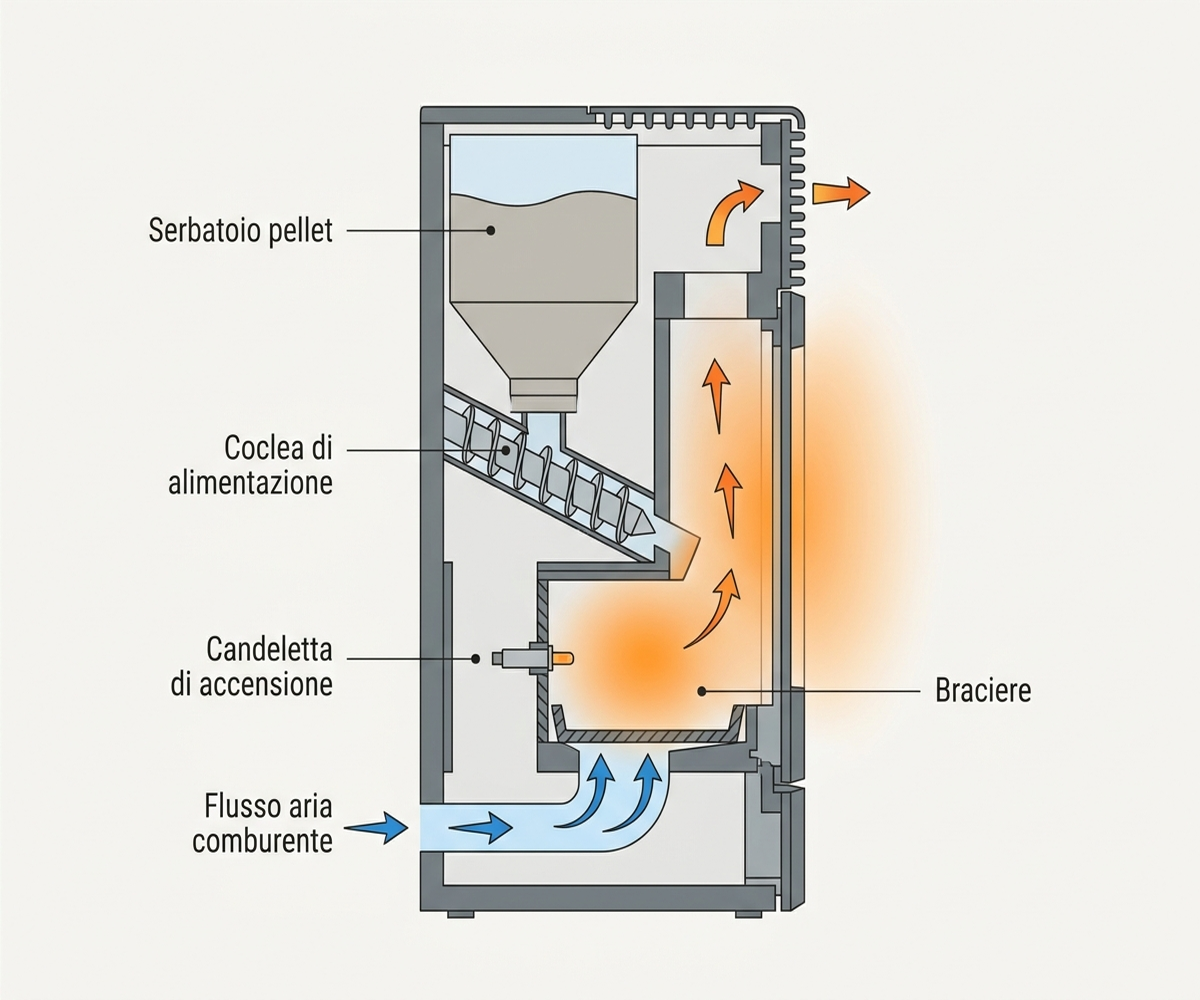 Diagramma tecnico con la posizione della candeletta di accensione all'interno del braciere di una stufa a pellet