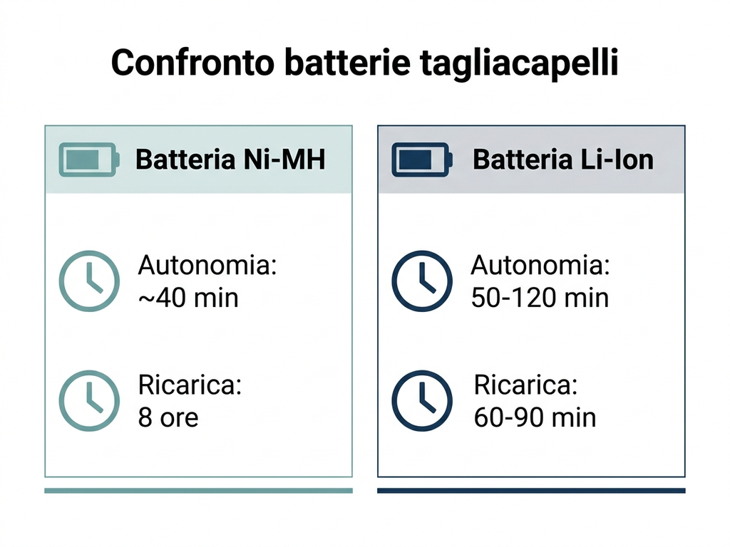Infografica di confronto tra batteria Ni-MH e batteria al litio per tagliacapelli: autonomia, tempo di ricarica, durata nel tempo