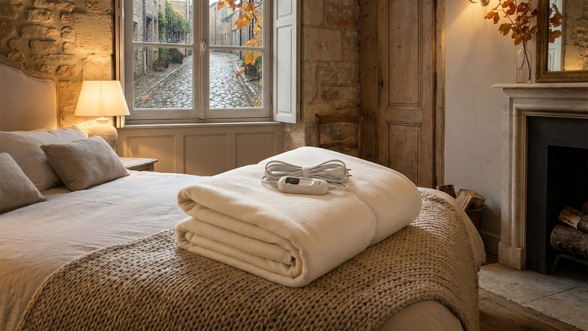 Termocoperta elettrica piegata su un letto in una camera dallo stile europeo con luce calda autunnale