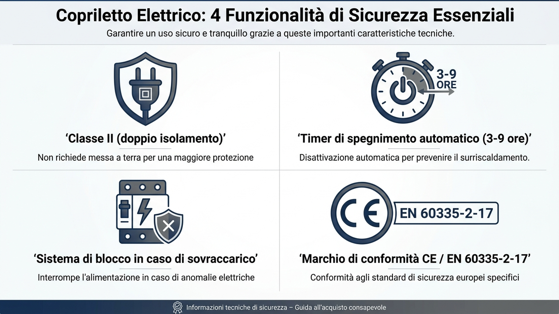Infografica con le quattro funzionalità di sicurezza da verificare prima di acquistare una termocoperta elettrica