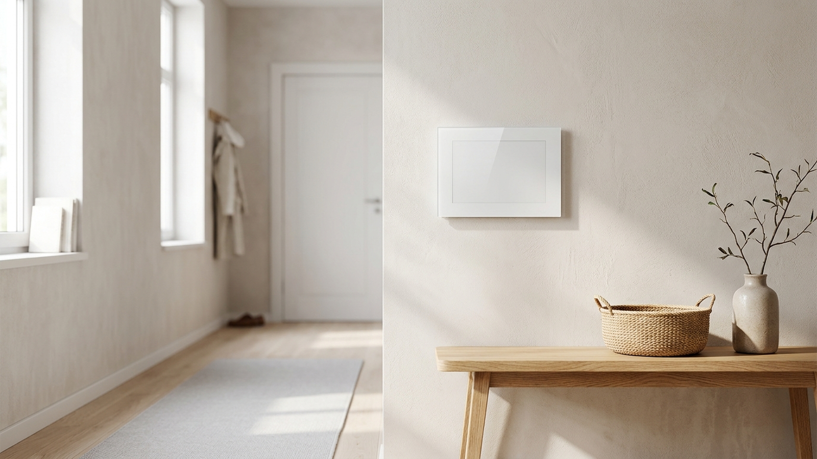 Termostato smart a parete con display touch in un ingresso di casa