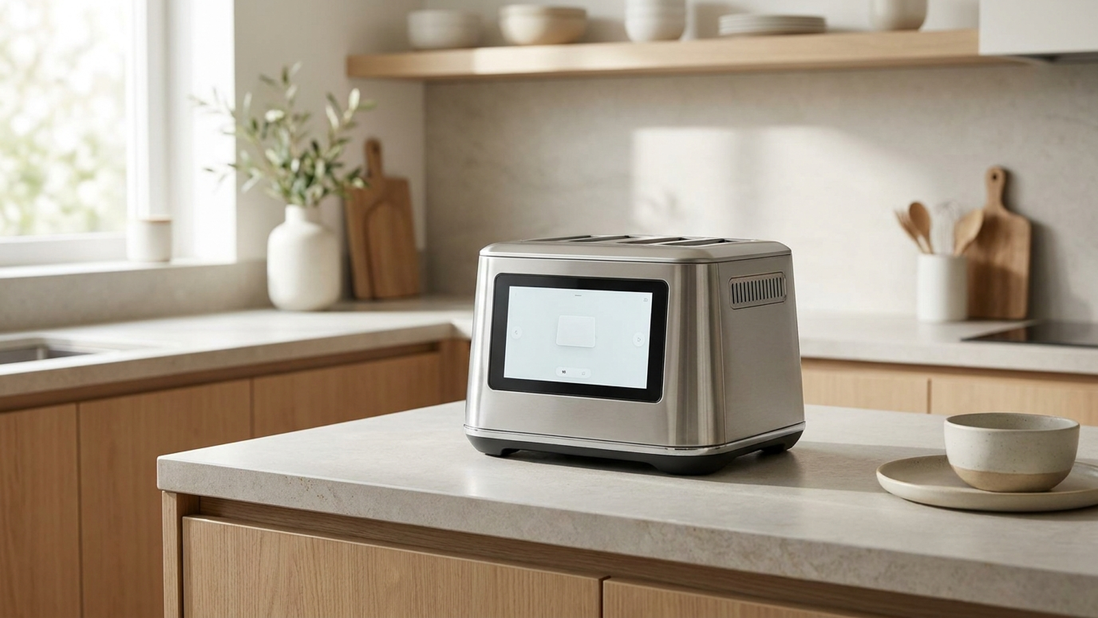 Tostapane in acciaio inox su un piano cucina minimalista, senza testo