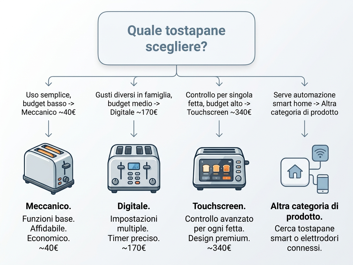 Albero decisionale per scegliere il tostapane in base a budget e uso previsto