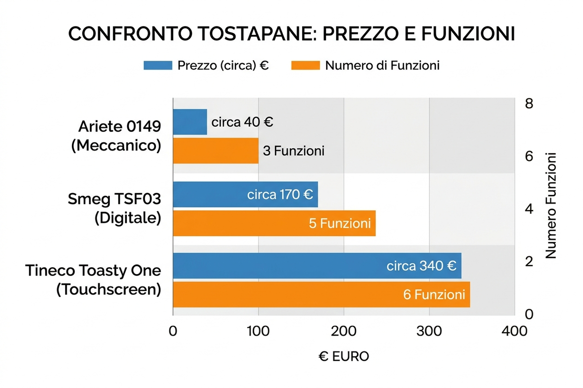 Grafico di confronto tra prezzo e numero di funzioni dei tre tostapane analizzati