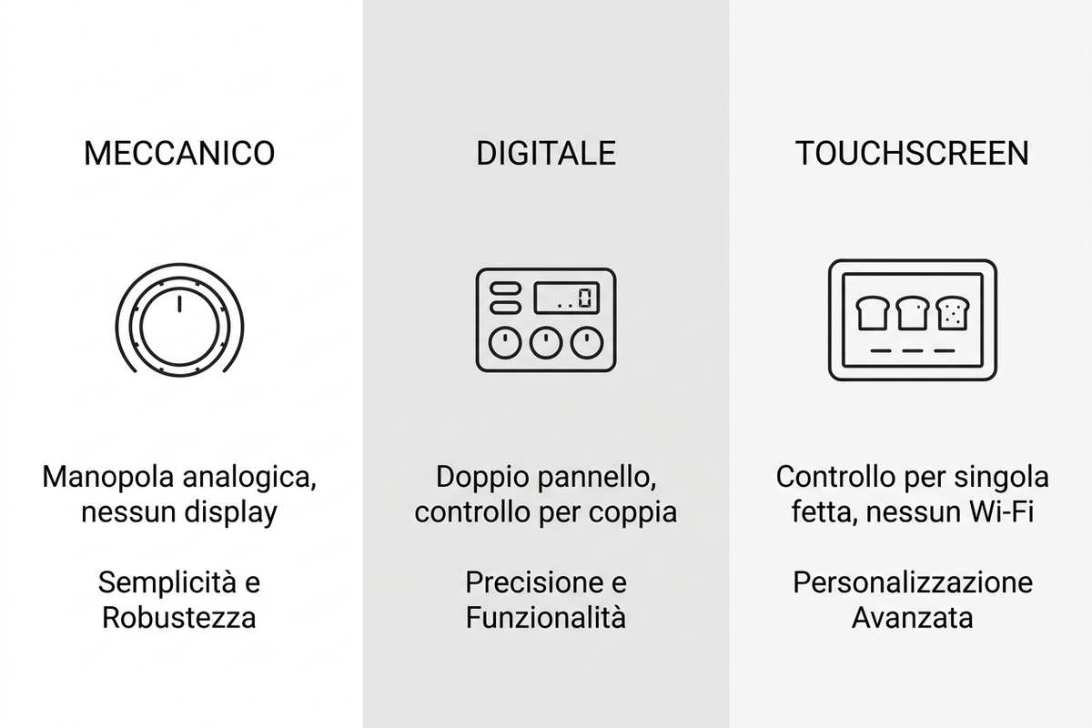 Infografica di confronto tra tostapane meccanico, digitale e touchscreen con relative funzioni