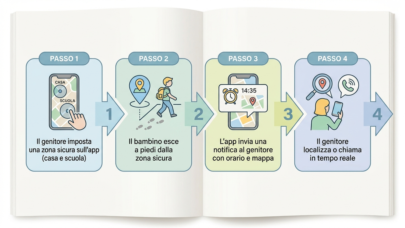 Diagramma di flusso che mostra come funziona la zona sicura (geofence) con notifica ai genitori