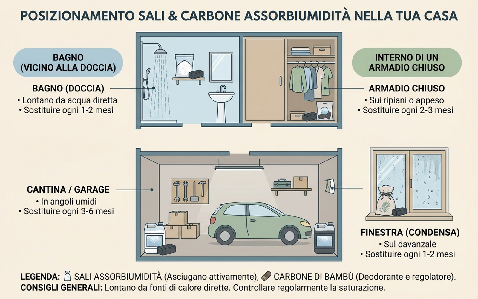 Diagramma di posizionamento dei sali assorbiumidità e del carbone di bambù nelle diverse zone della casa