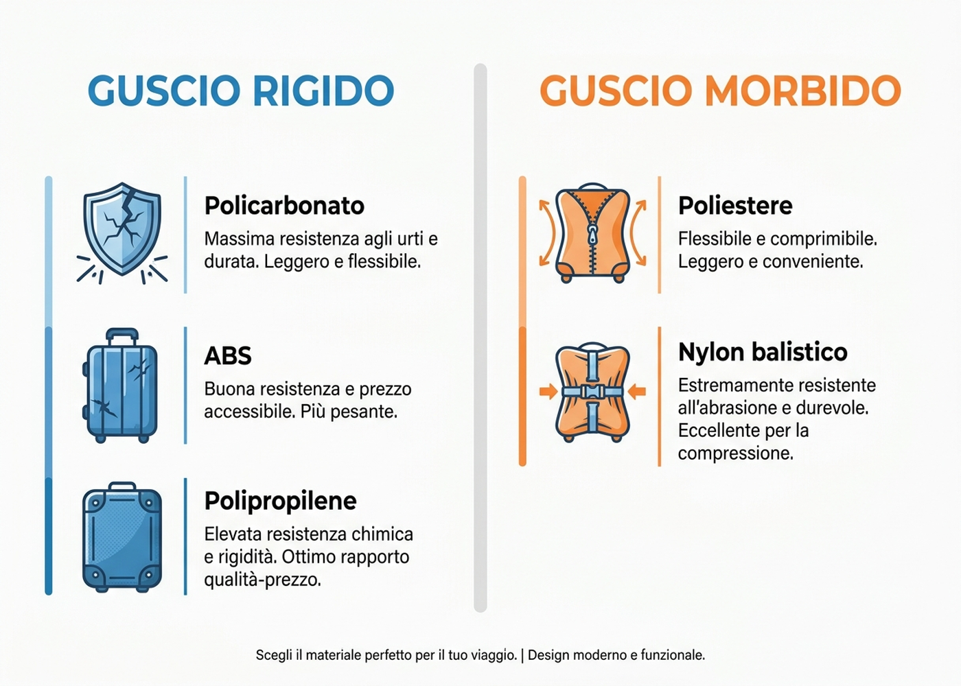 Infografica di confronto tra i materiali delle valigie rigide e morbide