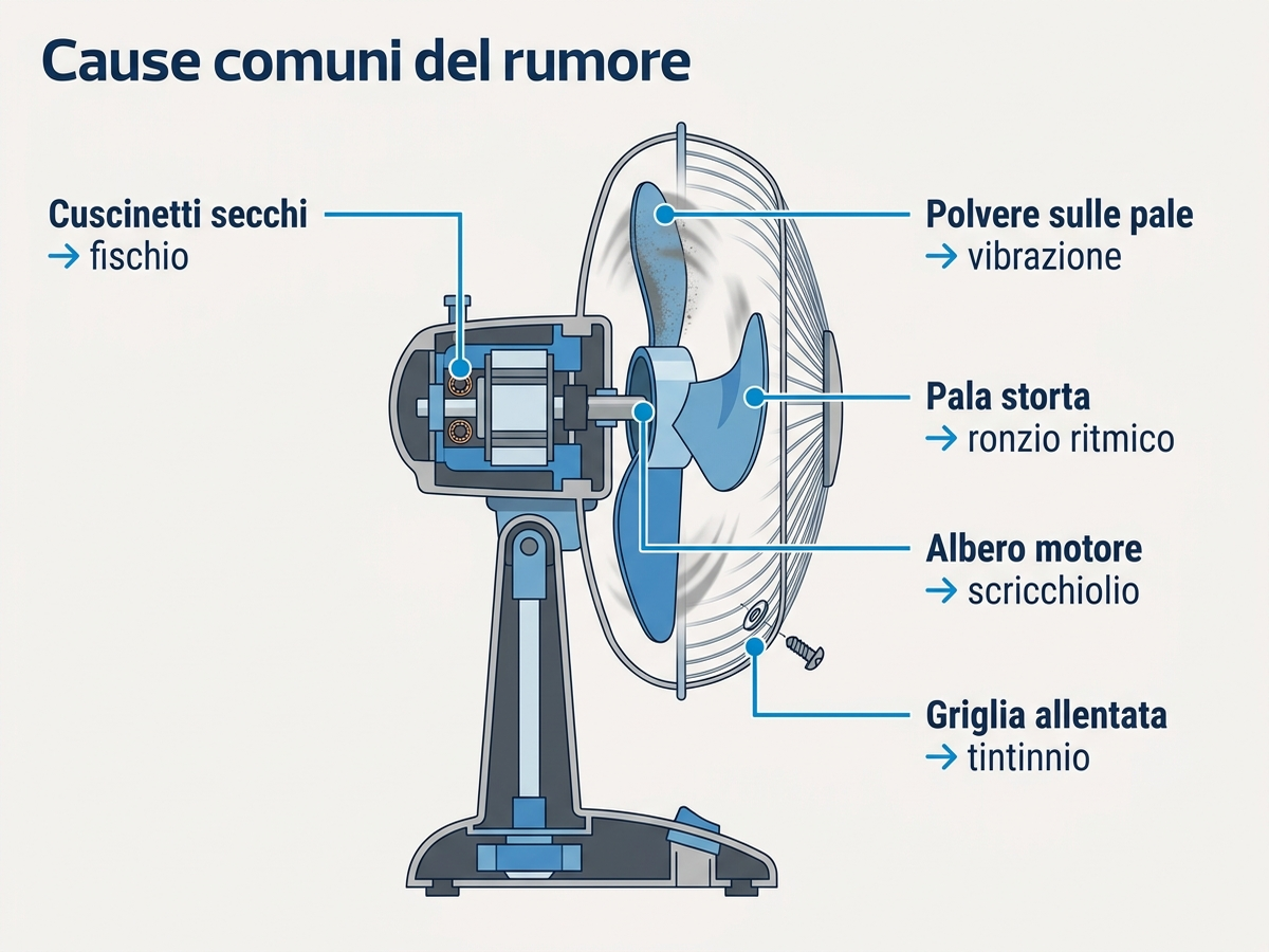Schema delle cause comuni del rumore di un ventilatore: cuscinetti, polvere, pala storta, albero motore, griglia