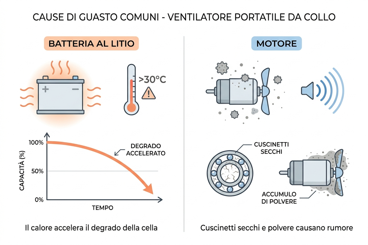 Infografica: le due cause principali di guasto di una ventola da collo, batteria al litio e motore, con sintomi distinti