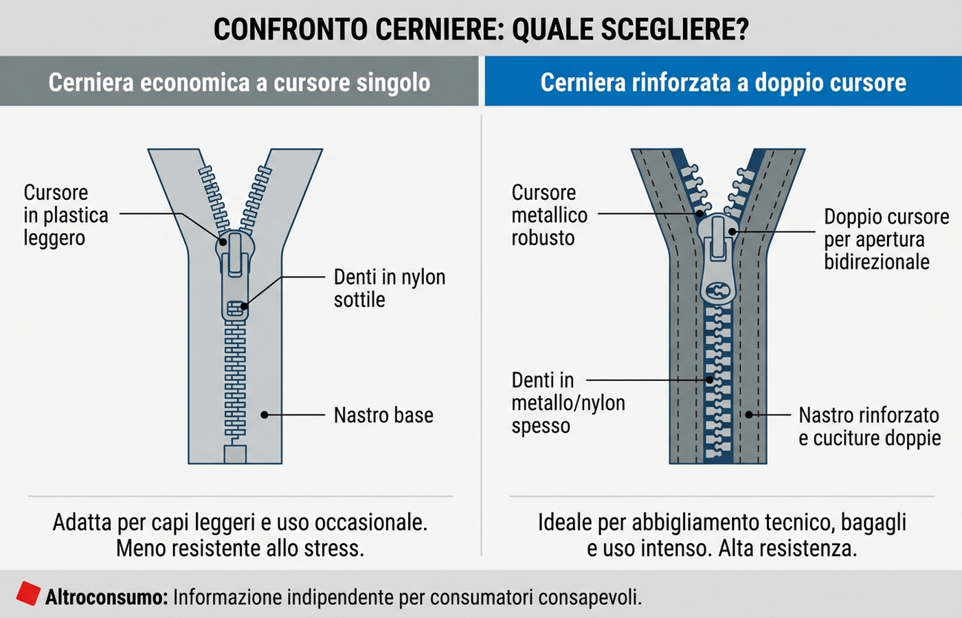 Infografica di confronto tra cerniera economica a cursore singolo e cerniera rinforzata a doppio cursore per zaini scolastici