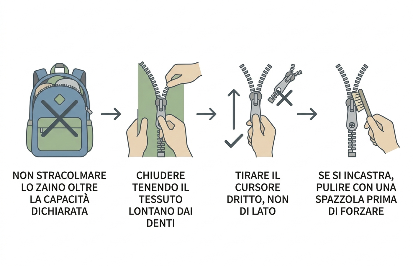 Diagramma con 4 passaggi per usare correttamente la cerniera di uno zaino scolastico senza romperla
