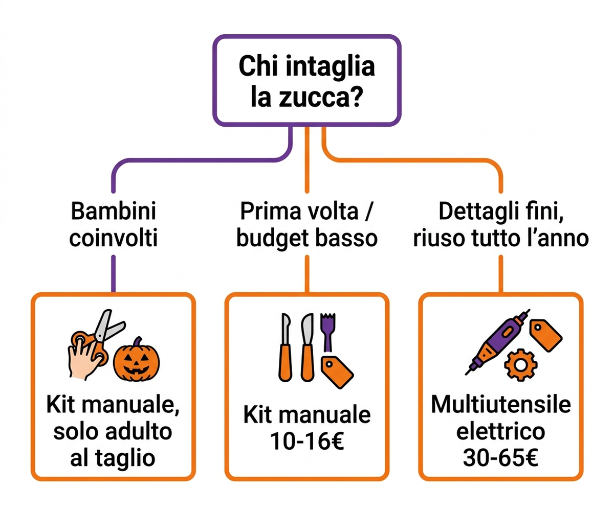 Albero decisionale per scegliere tra kit manuale ed elettrico in base a budget, dettaglio desiderato e presenza di bambini