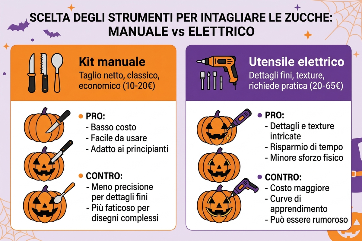 Infografica di confronto tra kit di coltelli manuali e utensile elettrico rotante per intagliare la zucca