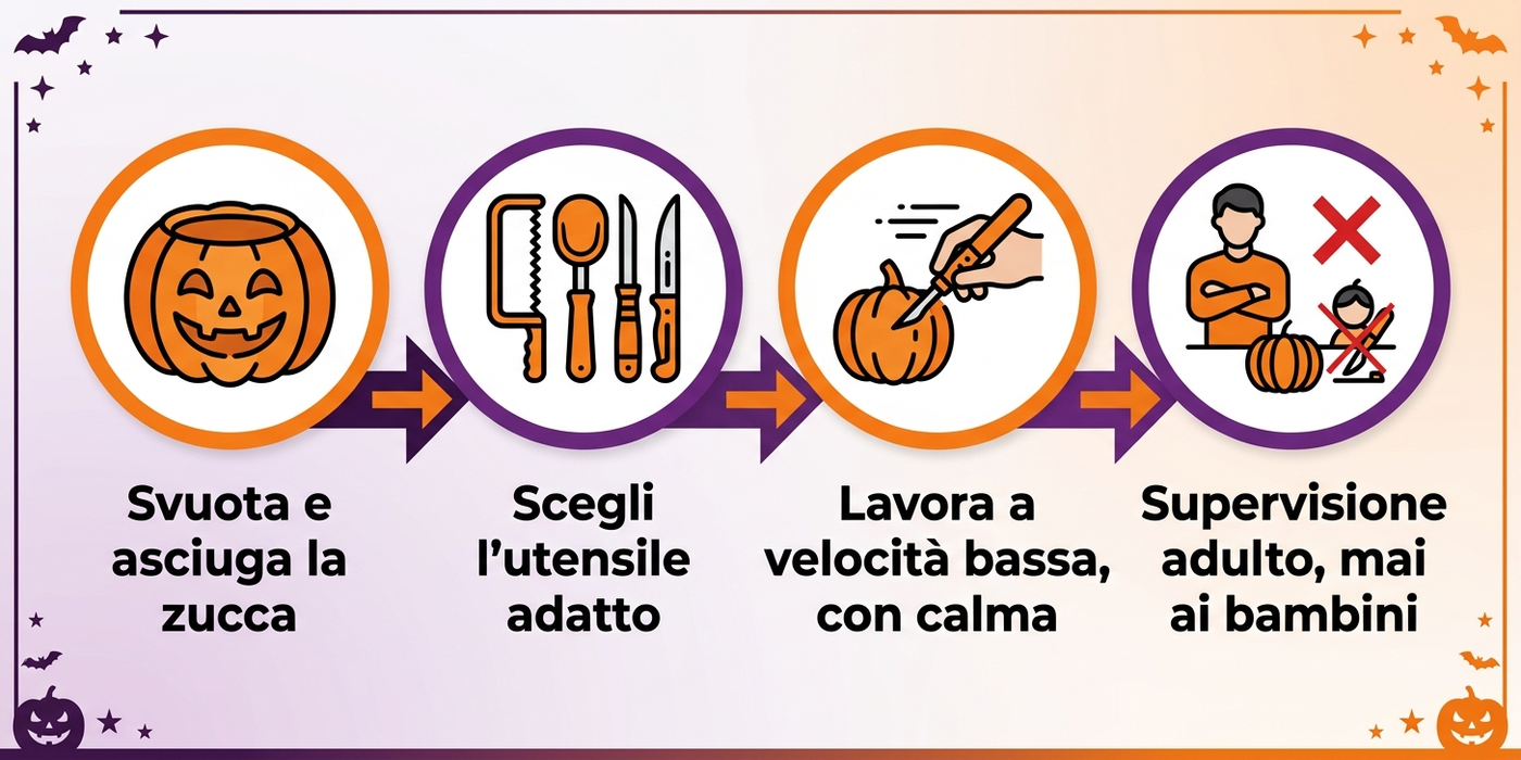 Diagramma dei passaggi per usare in sicurezza un trapano o multiutensile elettrico sulla zucca