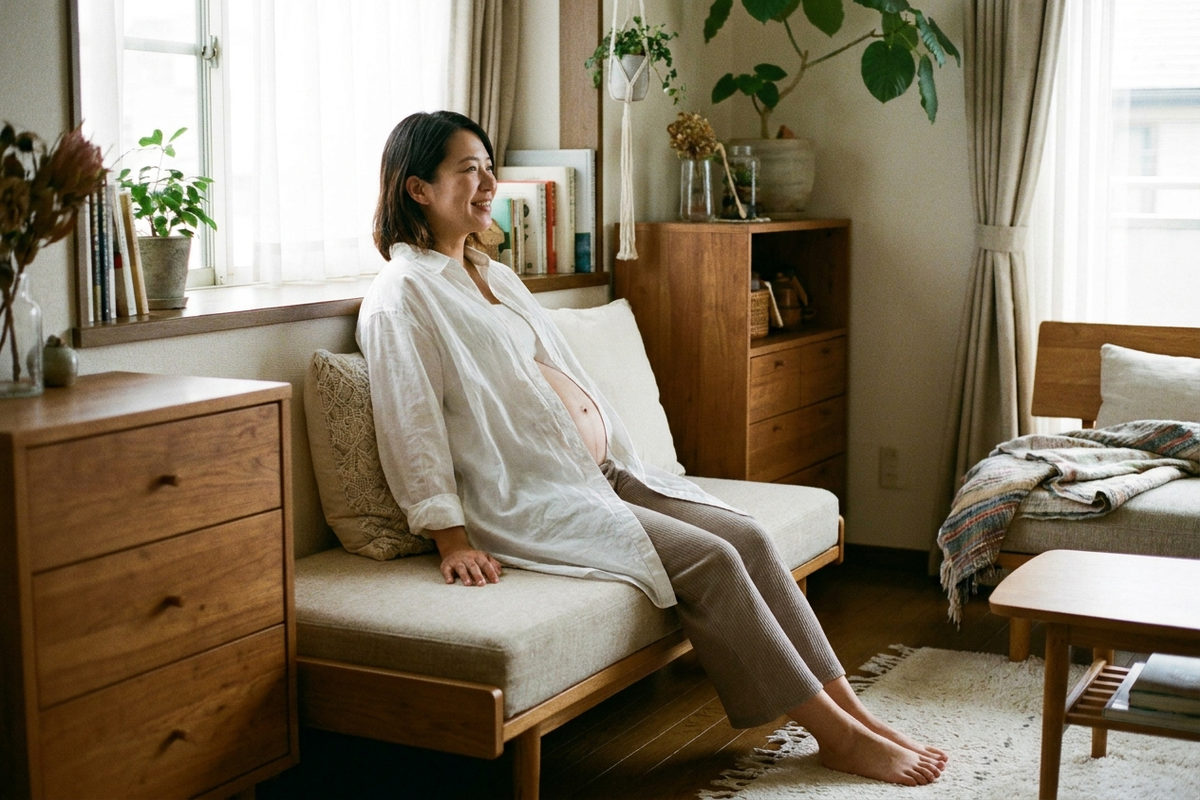 妊娠後期の女性が前開きシャツをゆったり羽織って過ごしている様子