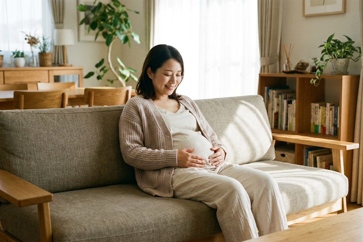 妊娠後期の女性がゆったりした部屋着でリラックスしている様子