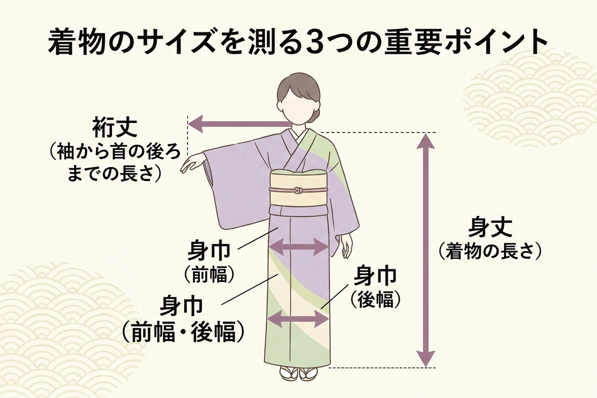 着物のサイズを測る3つのポイント(身丈・裄丈・身巾)を示す図解