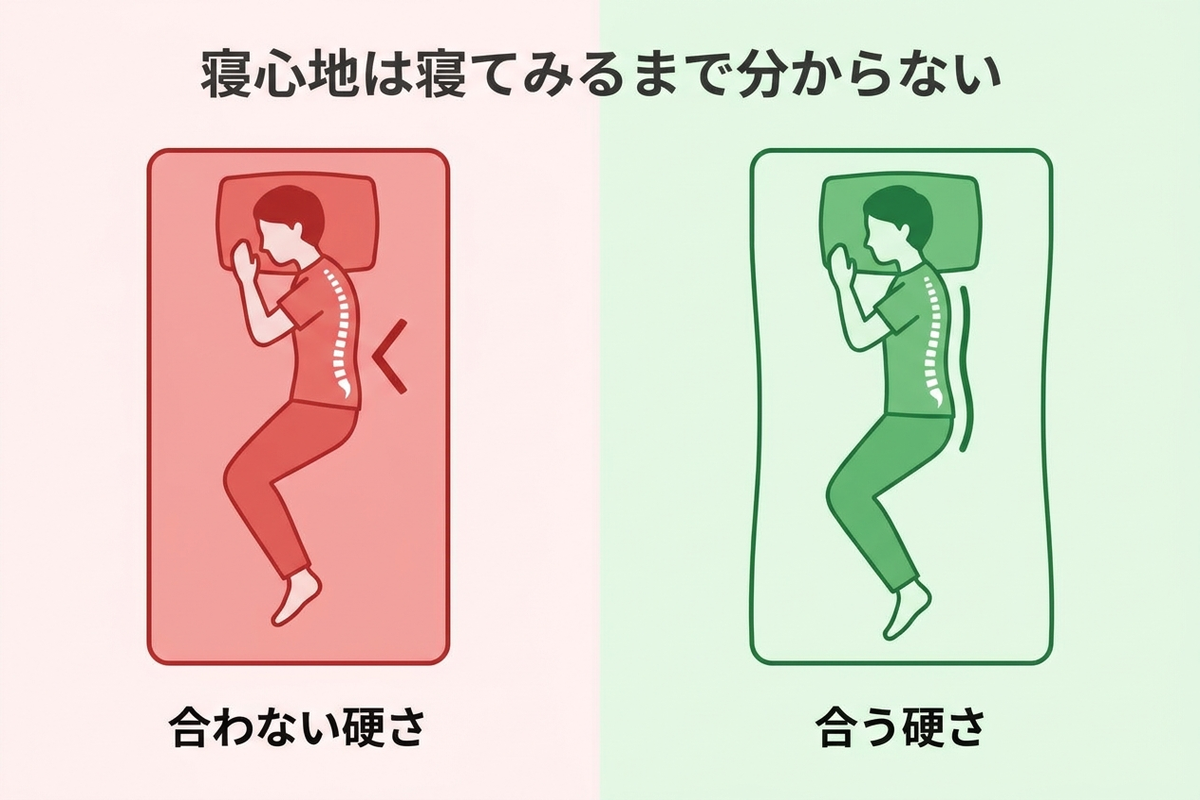 自分の体格や寝姿勢に硬さが合わず腰が沈む様子と、合うマットレスで背骨がまっすぐになる様子を比較した図解