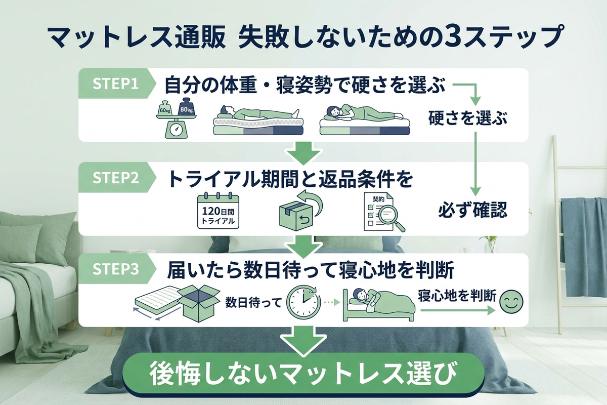 自分の体重と寝姿勢で硬さを選びトライアル期間と返品条件を確認してから買うという正解の手順を示した図解