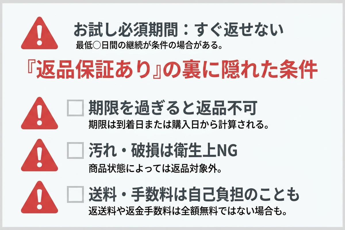 100日返品保証の裏にあるお試し必須期間や返送料負担などの返品条件を示した図解