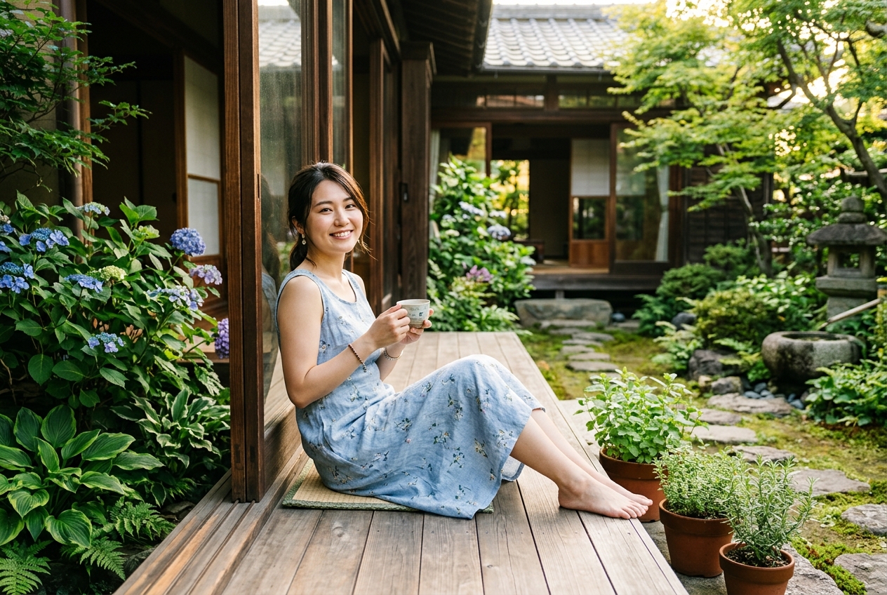 夏の縁側で植物に囲まれてくつろぐ若い日本人女性