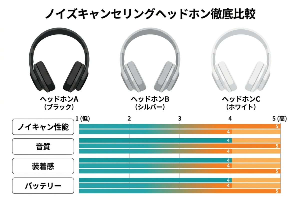 ノイズキャンセリングヘッドホン10製品の比較表