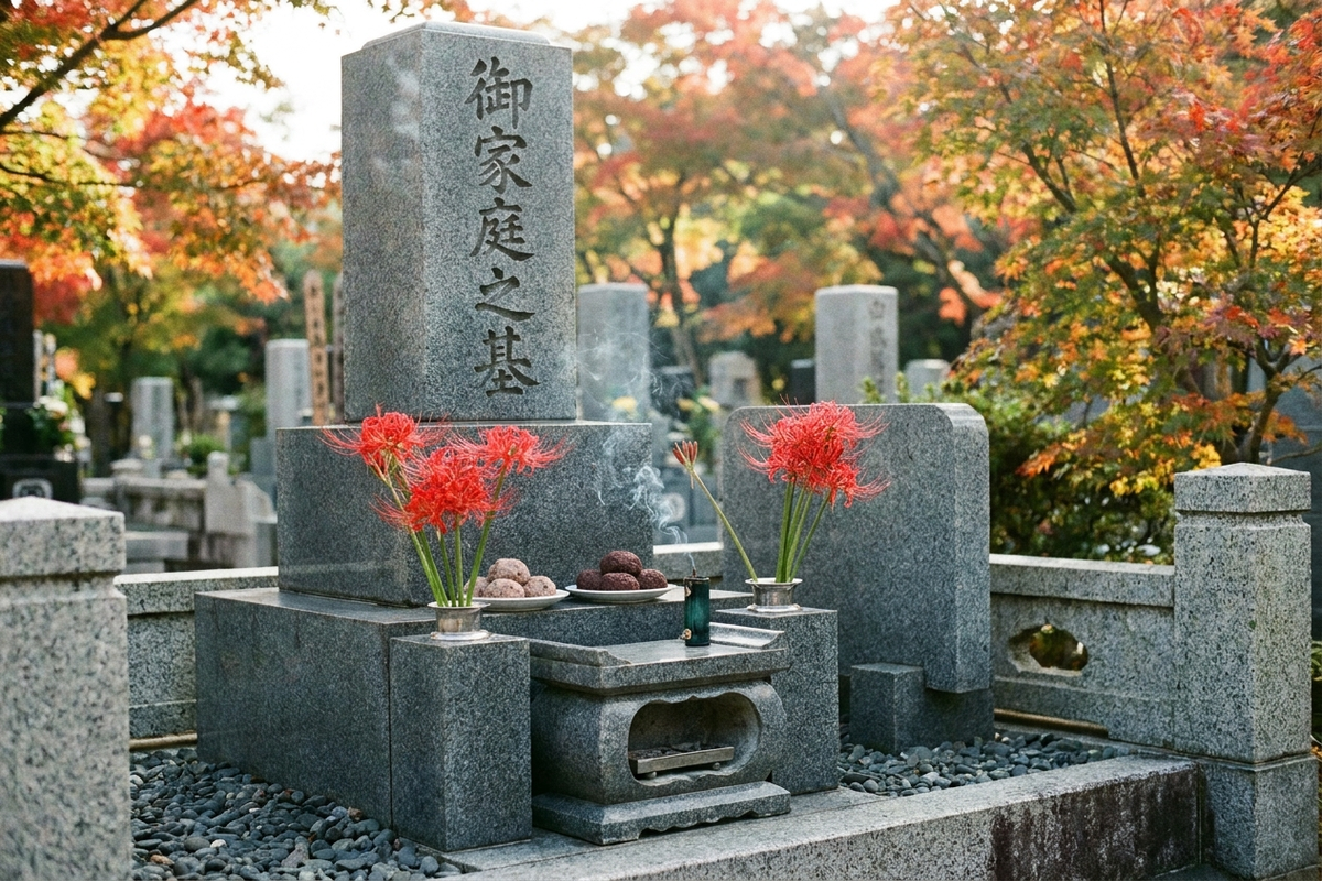 秋の墓地に供えられたおはぎと彼岸花