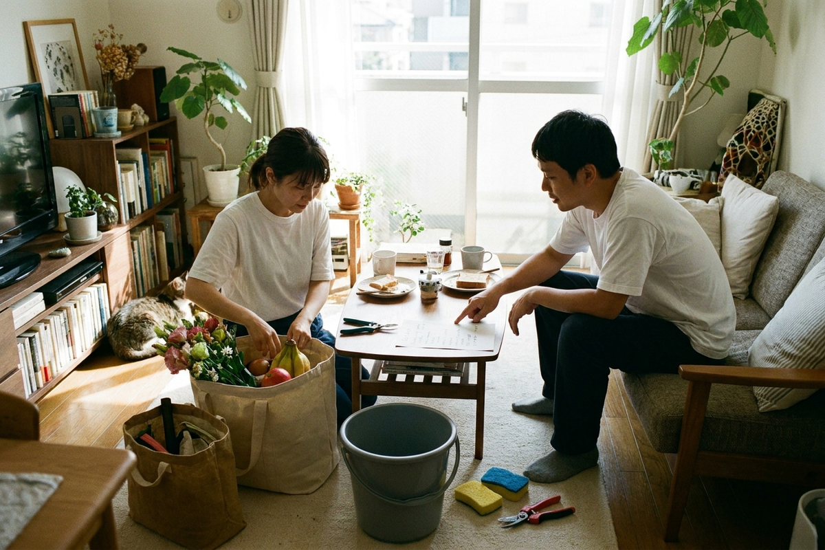 共働き夫婦がお墓参りの準備をする様子