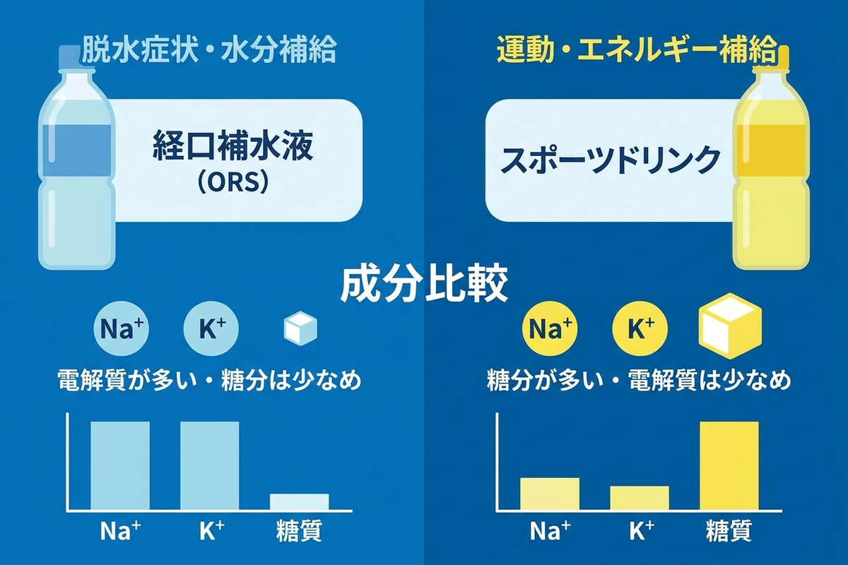 経口補水液とスポーツドリンクの電解質と糖分の違いを比べる日本語のインフォグラフィック