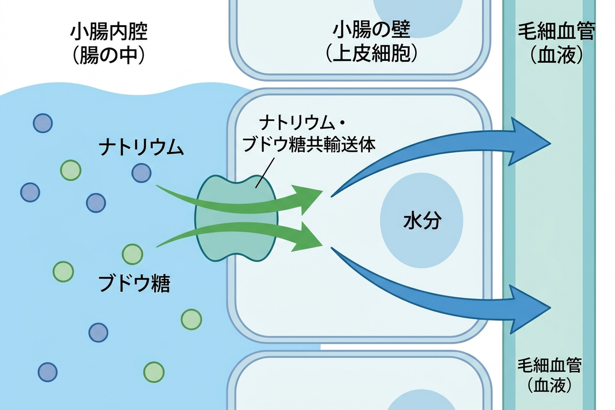 小腸でナトリウムとブドウ糖が一緒に吸収され水分を引き込むしくみの図解