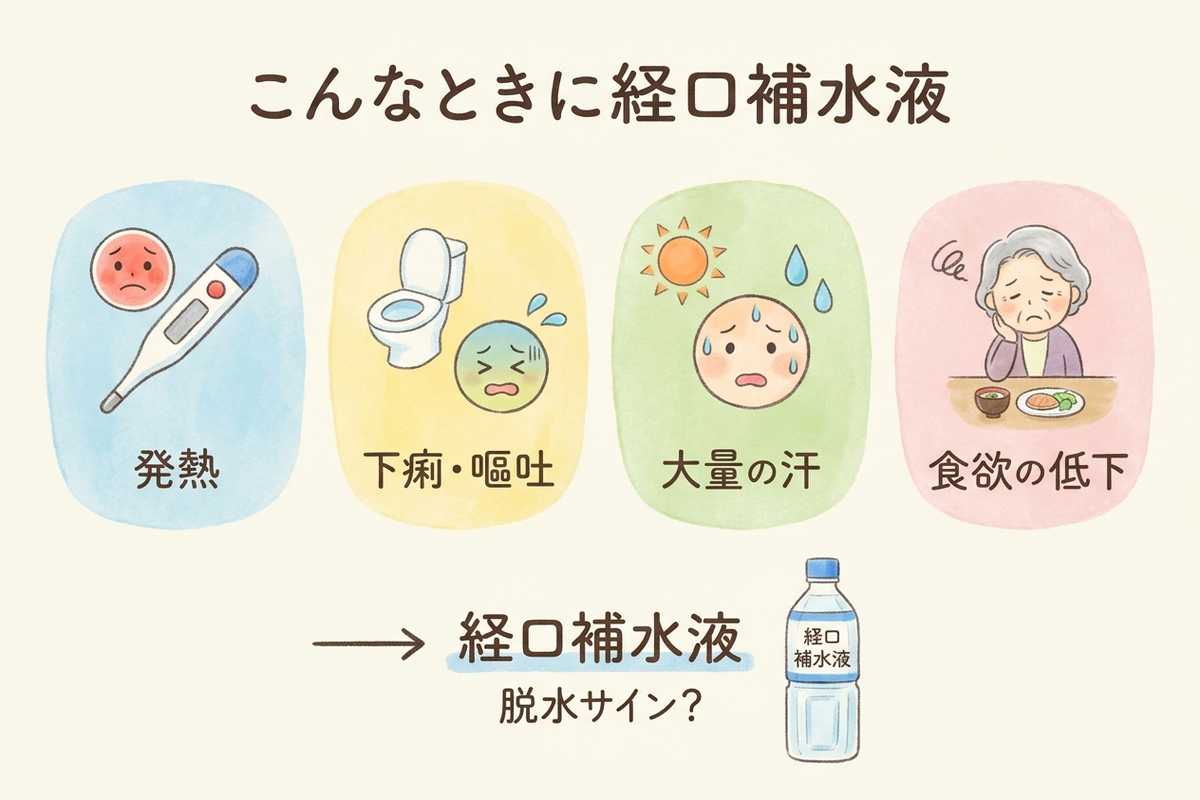 発熱・下痢嘔吐・大量の汗・食欲低下など脱水のサインを示す日本語の図解