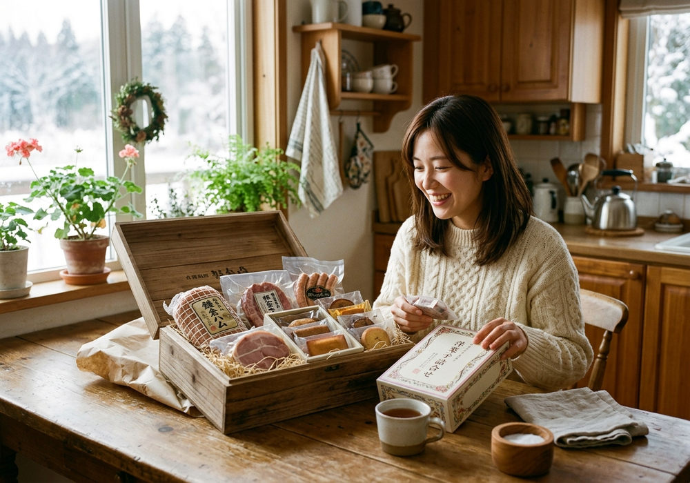 届いたお歳暮の箱を開けて嬉しそうな様子