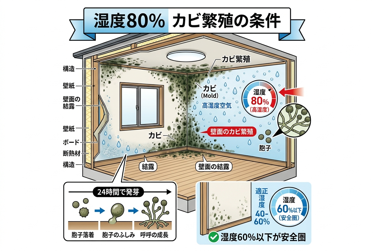 湿度80%でカビが繁殖する仕組みの解説図