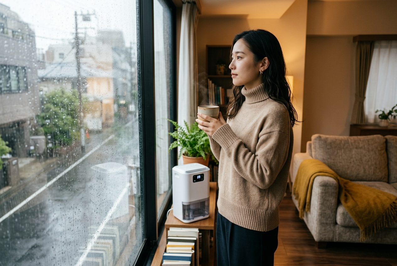 梅雨の窓辺で温かいお茶を持つ女性