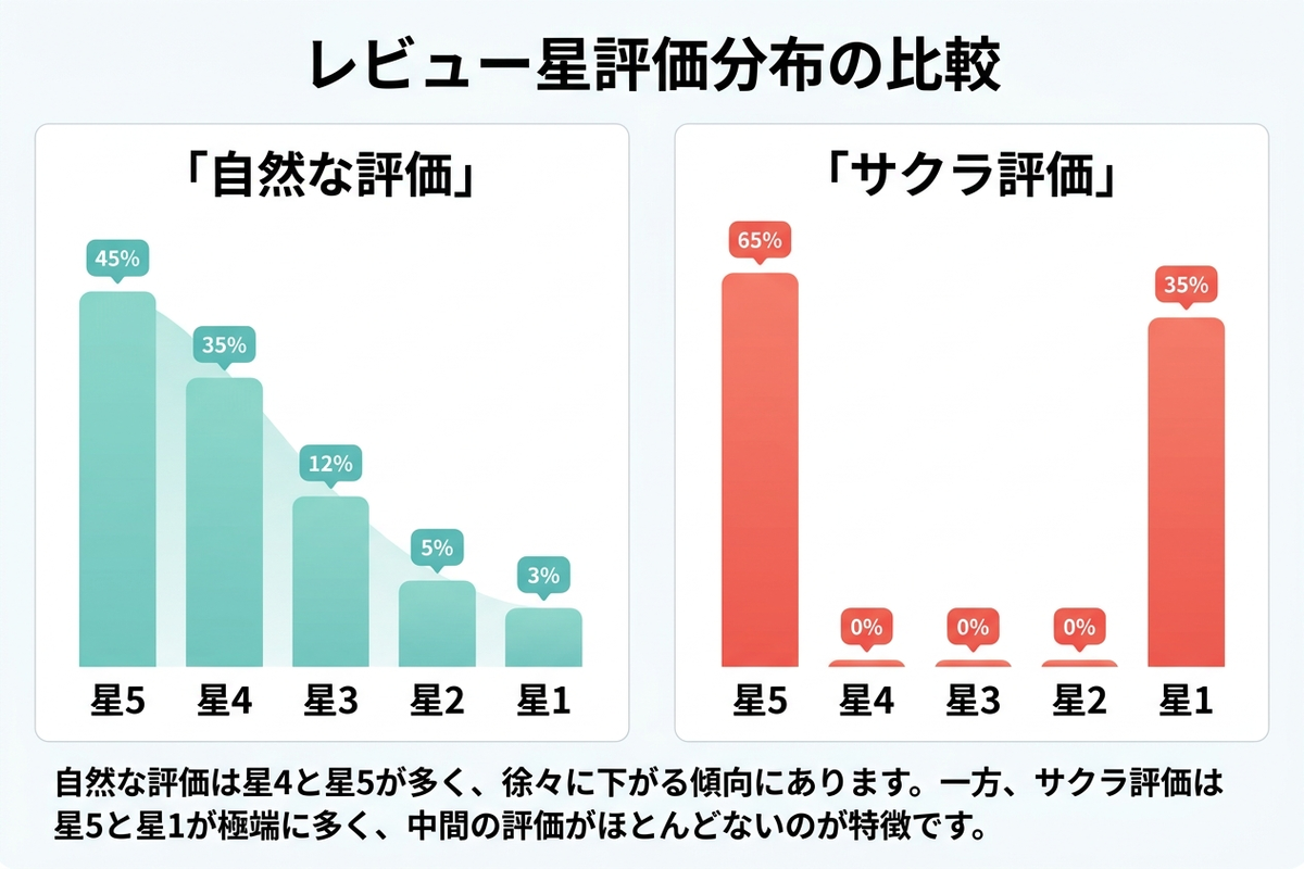 自然なレビュー分布とサクラ商品のJ字型分布を比較した日本語の図解