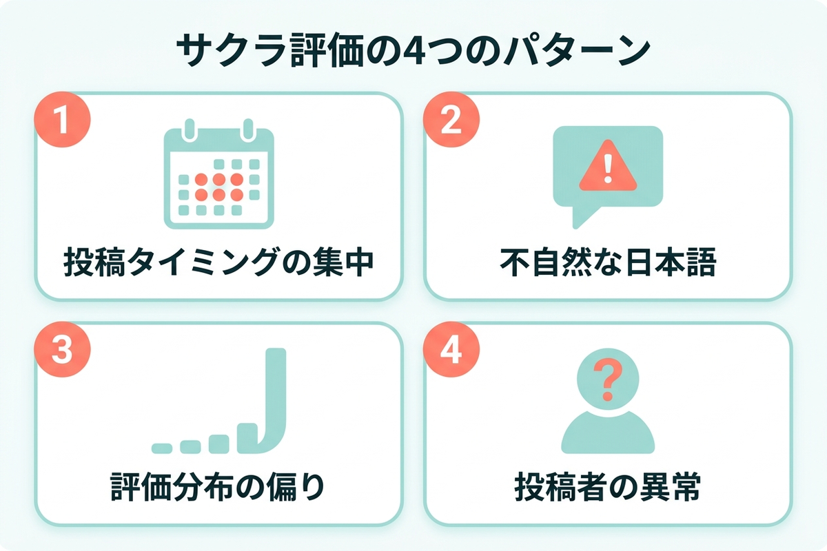 サクラ評価の4つの共通パターンを示す日本語インフォグラフィック