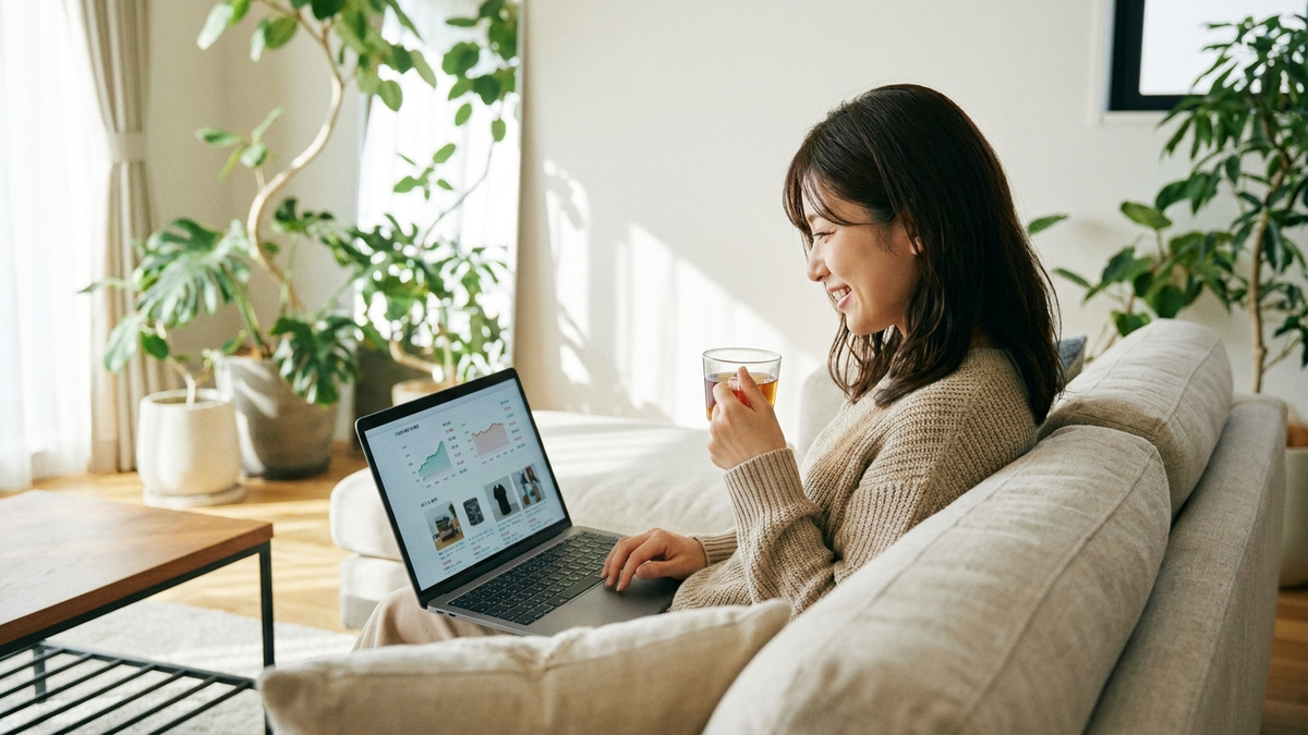 複数のECサイトで価格を比較する女性